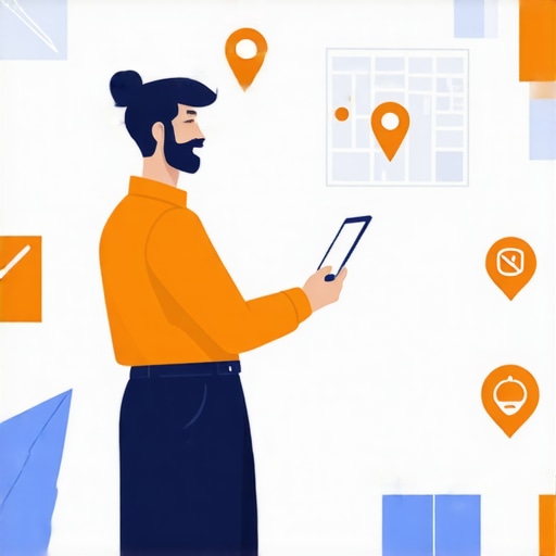 Local business owner interacting with community, digital maps, SEO icons