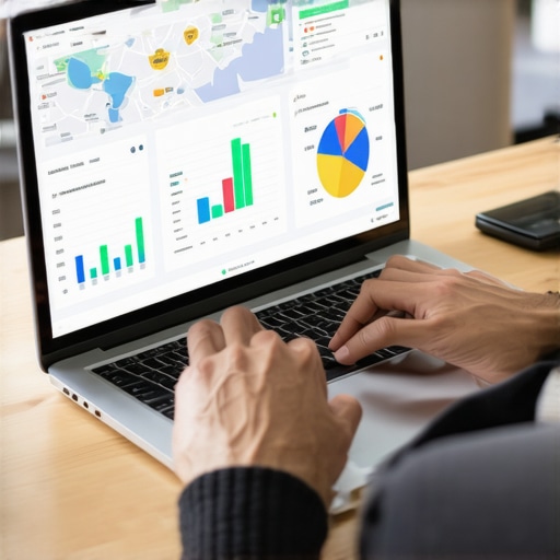 Person reviewing local SEO analytics on a laptop with graphs and maps