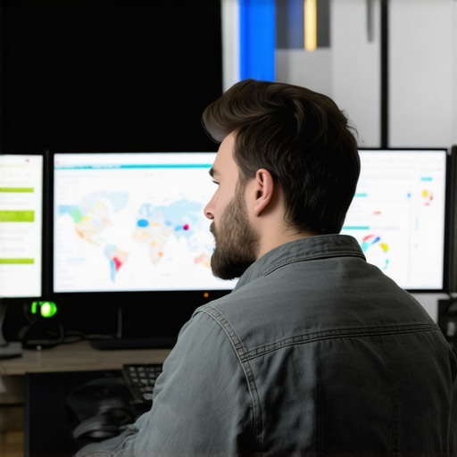 Digital marketer analyzing local SEO analytics on screens with maps and charts