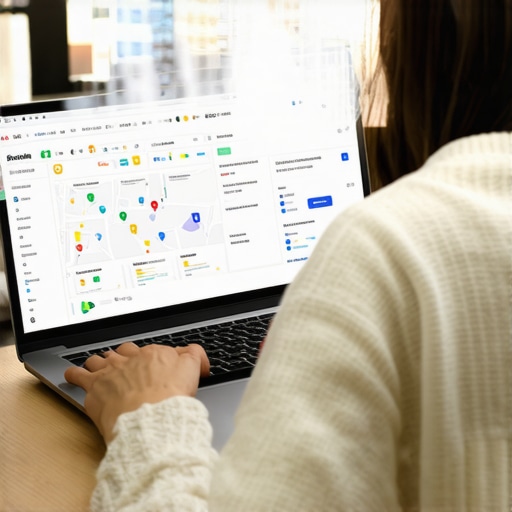 A person analyzing local SEO performance metrics using a laptop with Google Maps and analytics dashboards.