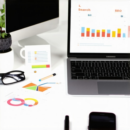 Workspace with SEO analytics tools and laptop showing local search data.