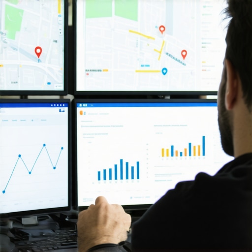 Digital marketing expert reviewing local SEO analytics on a multi-screen setup.