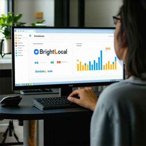 A professional analyzing local SEO data on multiple computer screens with SEO tools open.