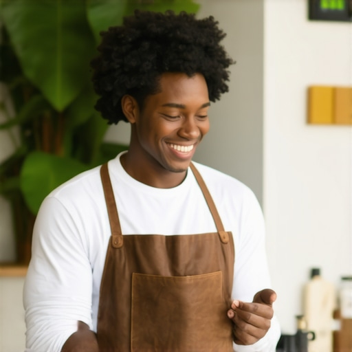 Business owner updating GMB profile amidst community landmarks