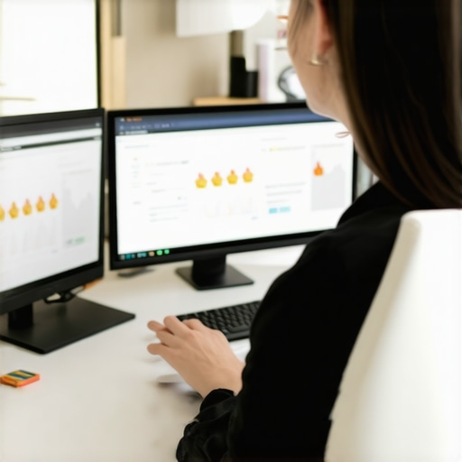 Person analyzing local SEO data on dual monitors, emphasizing citation and review tracking in a professional office environment