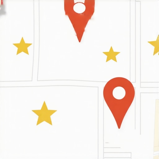 Illustration of a business owner updating their Google Business Profile and acquiring reviews, with a map background.
