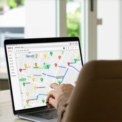 Business owner updating Google My Business profile on a laptop with local maps