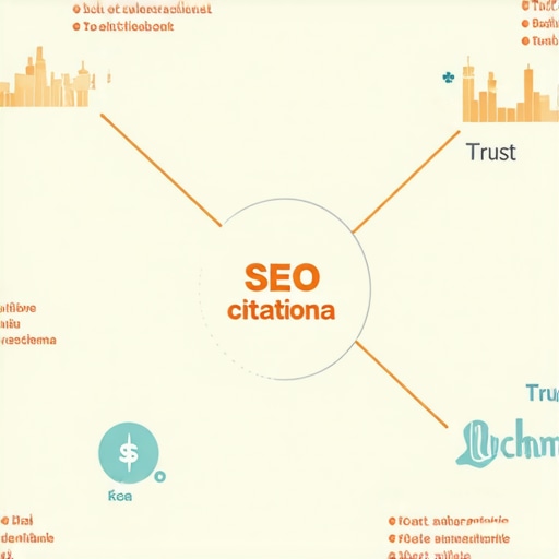 Infographic showing interconnected local SEO signals like citations, trust, schema, and proximity for better ranking