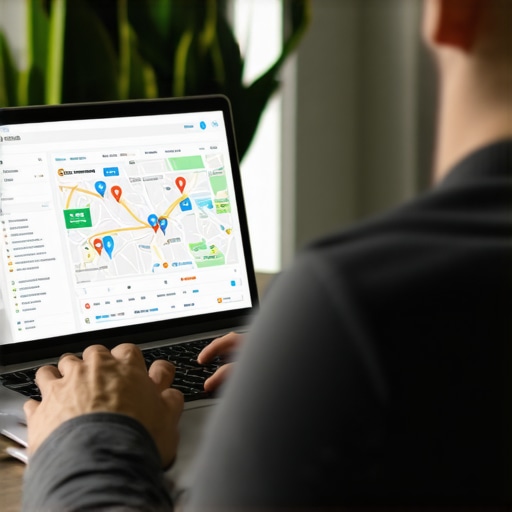 Close-up of a person's hands using a laptop to review local SEO metrics and Google Maps data.