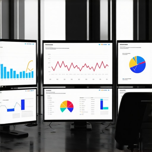 A professional SEO analyst working with multiple screens showing graphs and SEO dashboards.