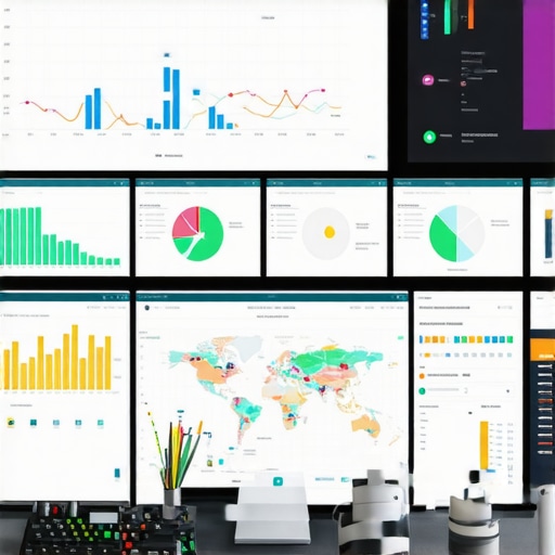 SEO tools and analytics workspace A workspace featuring multiple screens with SEO analytics, maps, and charts showing local search data.