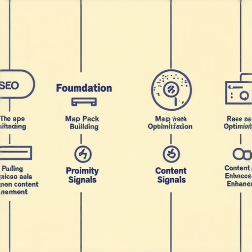 Diagram illustrating core steps of Maps SEO for 2026 including foundation, optimization, proximity signals, and content