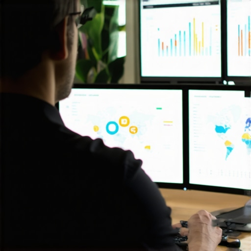 Digital marketer reviewing local SEO analytics on screens with maps and graphs.