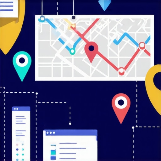 A detailed digital illustration showing a local SEO audit, maps, graphs, and location markers.