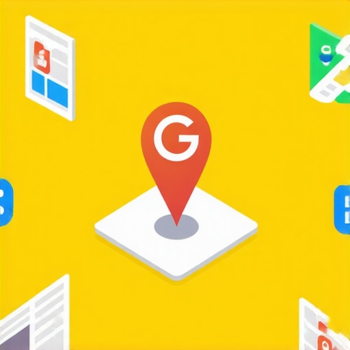 A visual of a local business with digital signals representing SEO signals around it.