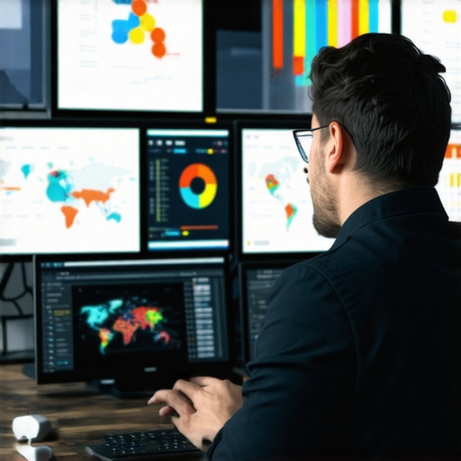 Business owner reviewing local SEO metrics on multiple monitors