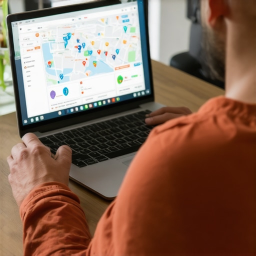 Business owner reviewing local SEO visualization on laptop.