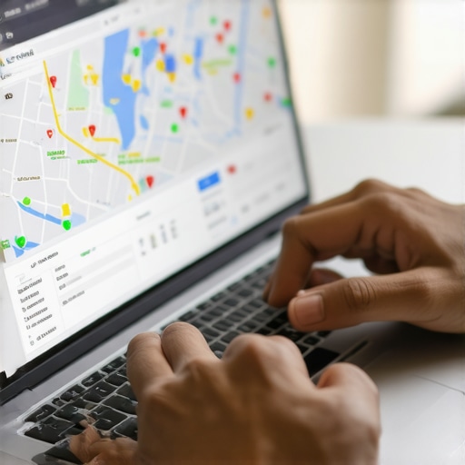Person analyzing local SEO performance with maps and graphs on laptop screen.
