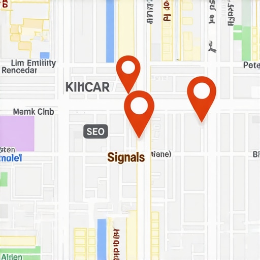 Illustrative map showing local SEO entity clusters and proximity zones for map pack ranking.