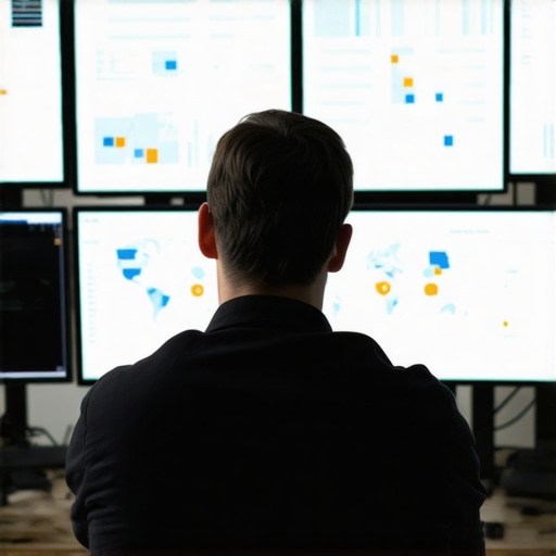 A person reviewing local SEO performance metrics on multiple screens with maps and charts.