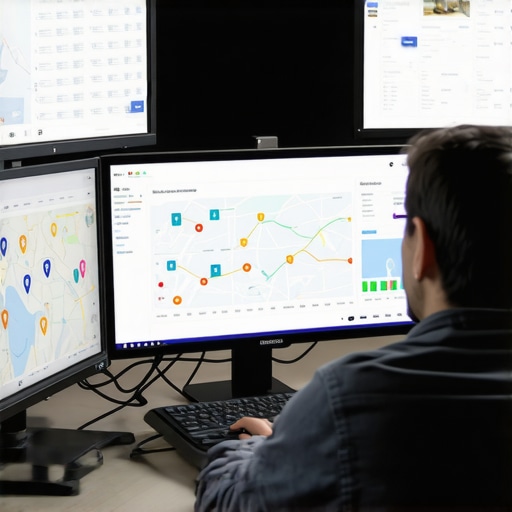 Person reviewing SEO analytics with multiple screens showing maps and charts.