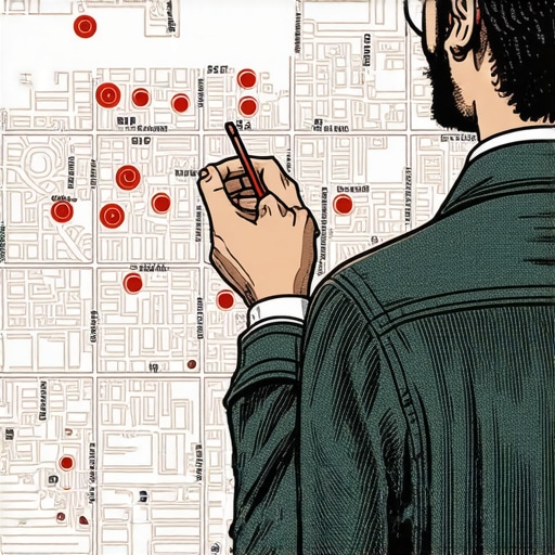 Person analyzing local SEO zones on a digital city map with markers and notes.