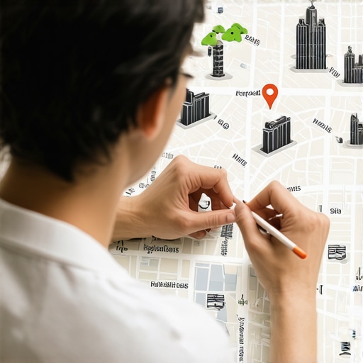 Local SEO Strategy Map Business owner planning local SEO with city landmarks.