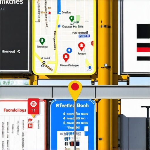 A vibrant city intersection with digital map pins and business signs