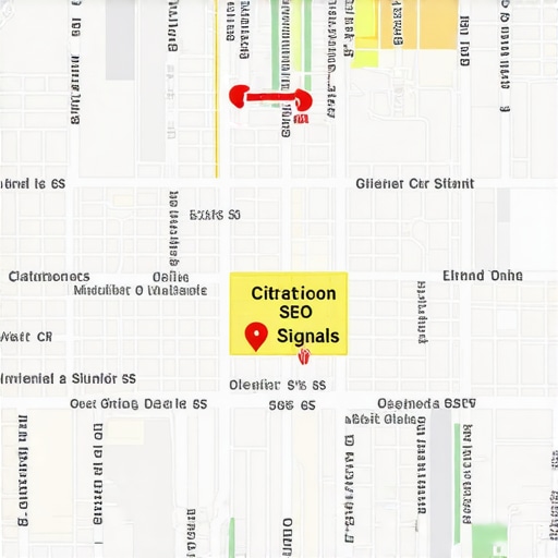 A map illustrating neighborhood zones with emphasized local SEO signals like citations and content targeting.